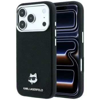 Чехол Karl Lagerfeld Grained Choupette Head Metal MagSafe для iPhone 17 Pro / 18 Pro, черный