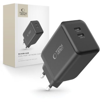 Tech-Protect NC45W-GAN 2-PORT PD45W sienas lādētājs – melns