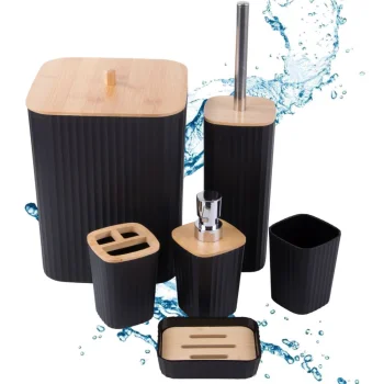 6-Piece Bathroom Accessories Set with Bamboo, Includes Toilet Brush and Soap Dispenser