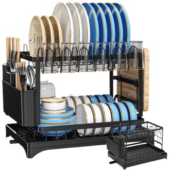 Divlīmeņu trauku žāvētājs ar notekpaplāti šķīvjiem un galda piederumiem, melns