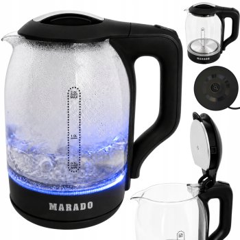 Elektriskā tējkanna, stikla, 1500W, 2L, ar LED apgaismojumu, melna