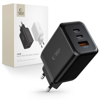 Tech-Protect C65W lādētājs 2x USB-C PD 65W / USB-A QC 3.0 – melns