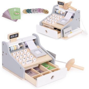 Wooden Toy Cash Register for Kids with Scanner and Play Money ECOTOYS