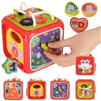 Edukācijas sensorais kubs Montessori 6in1 ar klavierēm, sarkans