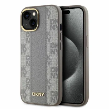 Чехол DKNY для iPhone 14 Leather Checkered Mono Pattern MagSafe, бежевый