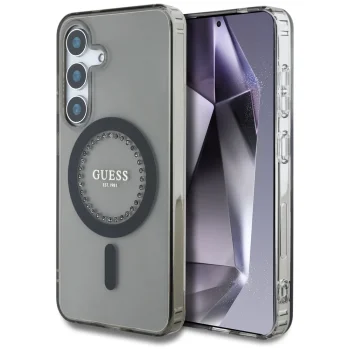 Guess Rhinestones Classic Logo MagSafe vāciņš Samsung Galaxy S25, melns
