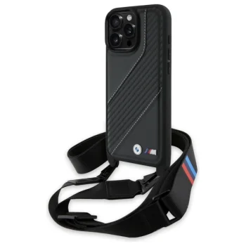 Чехол BMW для iPhone 16 Pro Max M Edition Carbon Stripe & Strap, черный