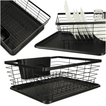 Dish Drying Rack with Utensil Holder and Drip Tray for Kitchen Counter, Black