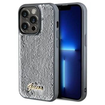 Guess iPhone 14 Pro Max Case Sequin Script Metal, Silver