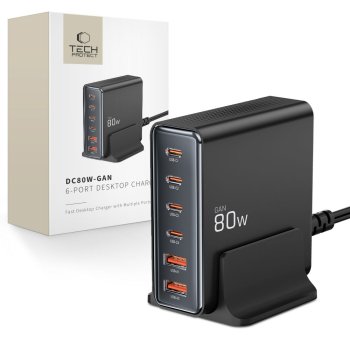 Tech-protect DC80W-GAN 6-PORT PD80W/QC3.0 uzlādes stacija – melna