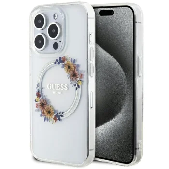 Guess iPhone 15 Pro Case IML Flowers Wreath MagSafe, Transparent