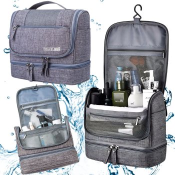 Large Waterproof Travel Toiletry Bag with Hook, Grey