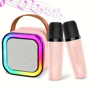 Karaoke komplekts ar Bluetooth skaļruni un 2 bezvadu mikrofoniem, rozā