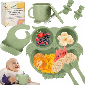Children’s Silicone Tableware Set with Owl Plate, 8 pieces, Green