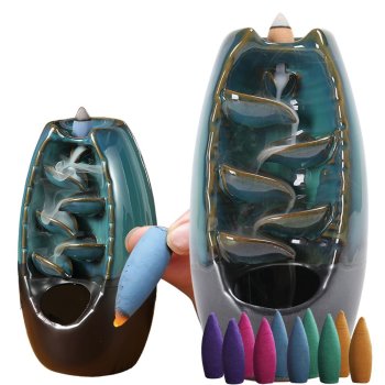 Ceramic Waterfall Incense Burner for Aromatherapy + 10 Cones, Blue