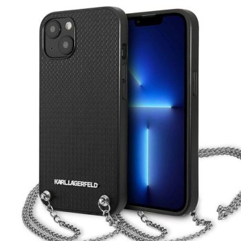 Karl Lagerfeld Leather Textured and Chain vāciņš iPhone 13 mini, melns
