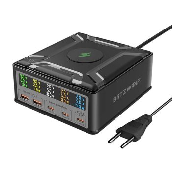 Blitzwolf BW-S28 260W tīkla lādētājs, 2xUSB-A, 3xUSB-C, 15W bezvadu, melns