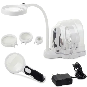 Galda un rokas lupa 2-in-1 ar LED apgaismojumu un maināmām lēcām (2.5x, 5x, 16x)