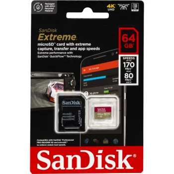 Atmiņas karte SanDisk Extreme microSDXC 64GB A2 C10 V30 UHS-I U3