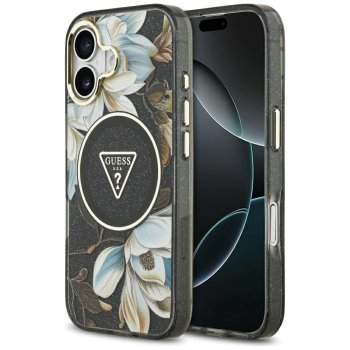 Чехол Guess IML Glitter Flowers Triangle MagSafe для iPhone 17 — черный