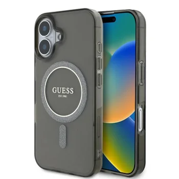 Чехол Guess для iPhone 16 IML Glitter Circle MagSafe, черный