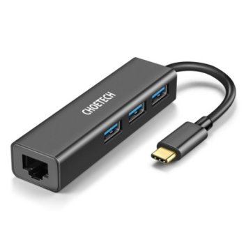 Choetech HUB-U02 USB-C Adapter to RJ-45 and 3x USB 3.0, Black