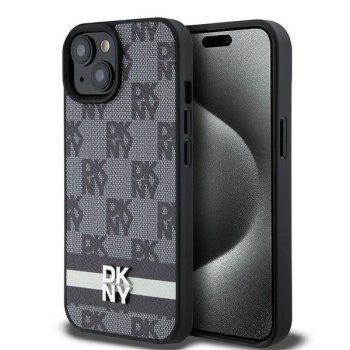 DKNY iPhone 15 Plus vāciņš Checkered Pattern & Printed Stripes, melns