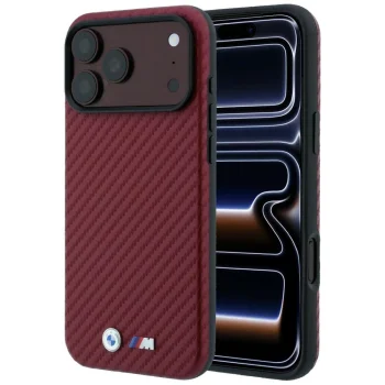 Чехол BMW M Carbon Metal Logo MagSafe для iPhone 17 Pro / 18 Pro, бордовый