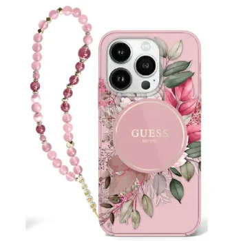 Guess IML Flowers With Pearl Strap MagSafe iPhone 16 futrālis - rozā krāsā | Case Pink