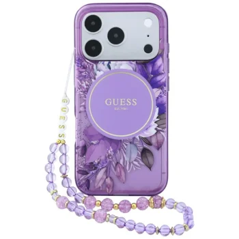 Guess IML Flowers Pearl Strap MagSafe ümbris iPhone 18 Pro / 17 Pro jaoks, lilla