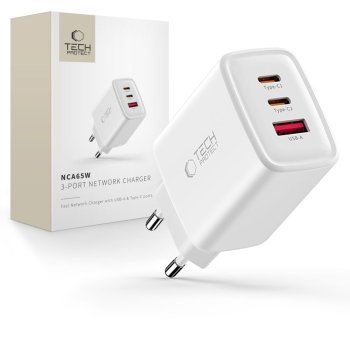 Tech-Protect NCA65W-GAN 3-portu 65W sienas lādētājs – balts