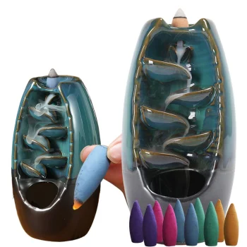 Ceramic Waterfall Incense Burner for Aromatherapy + 10 Cones, Blue
