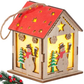 Wooden Hanging Christmas Lantern with LED Light, Snowman