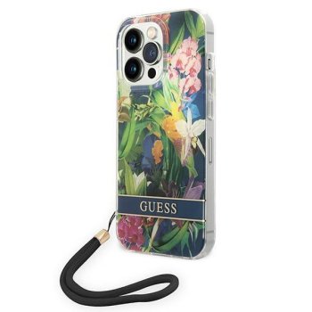 Guess Flower Strap iPhone 14 Pro vāciņš ar siksniņu, zils