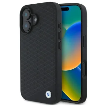 Чехол BMW для iPhone 16 Sign Leather Diamond Metal Logo MagSafe, черный