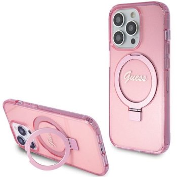 Guess Ring Stand Script Glitter MagSafe apvalks iPhone 15 Pro - rozā krāsā | case for pink