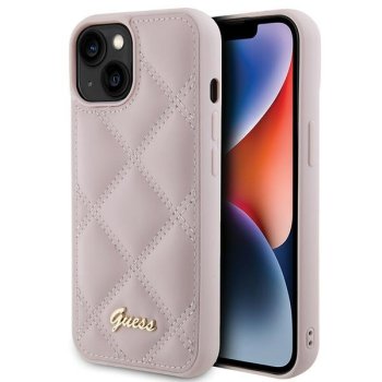 Guess iPhone 15 vāciņš Quilted Metal Logo, rozā