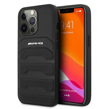 Mercedes-AMG Debossed ādas vāciņš Apple iPhone 13 Pro Max melns