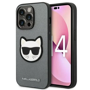 Karl Lagerfeld Saffiano Choupette Head Patch vāciņš iPhone 14 Pro Max - Sudraba