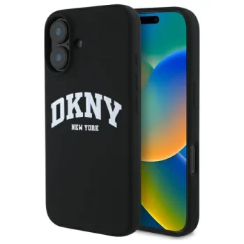 Чехол DKNY для iPhone 16 Silicone White Printed Logo MagSafe, черный