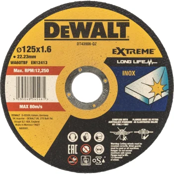 Griezējdisks metālam un nerūsējošajam tēraudam DeWalt DT43906-QZ INOX 125 x 1.6 mm