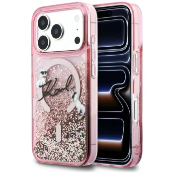 Karl Lagerfeld šķidro spīdumu Karl Script Logo MagSafe vāciņš iPhone 17 Pro – rozā | Phone Case Cover