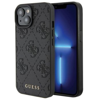 Guess Ādas futrālis iPhone 15 ar 4G zīmogu - melns | Leather Stamped case for black