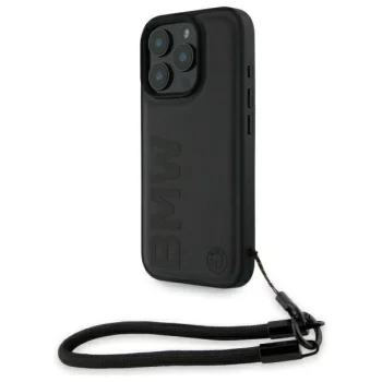 BMW Signature Leather Wordmark Cord Case for iPhone 16 Pro with Wrist Strap, Black