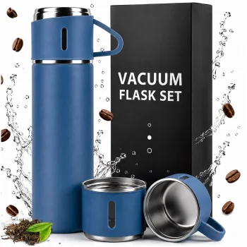 Thermos Flask 500 ml with 3 Cups, Stainless Steel, Navy Blue