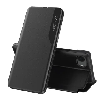 Eco Leather View Case atverams vāciņš priekš iPhone 16e / 17e ar statīvu, melns