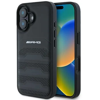 Чехол Mercedes-Benz для iPhone 16 AMG Leather Debossed Lines, черный