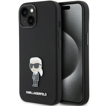 Karl Lagerfeld iPhone 15 vāciņš Silicone Ikonik Metal Pin, melns