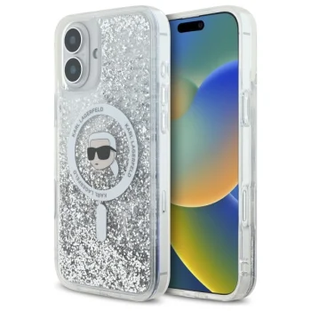 Чехол Karl Lagerfeld для iPhone 16 Liquid Glitter Karl Head MagSafe, прозрачный