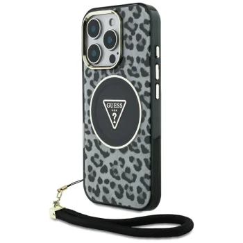 Guess HC IML Leopard Triangle Cord Strap MagSafe чехол для iPhone 16 Pro Max - Черный